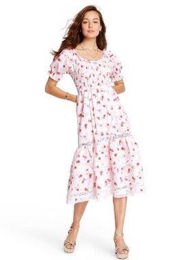 LoveShackFancy x Target Red and White Floral Puff-Sleeve Midi Dress Size L